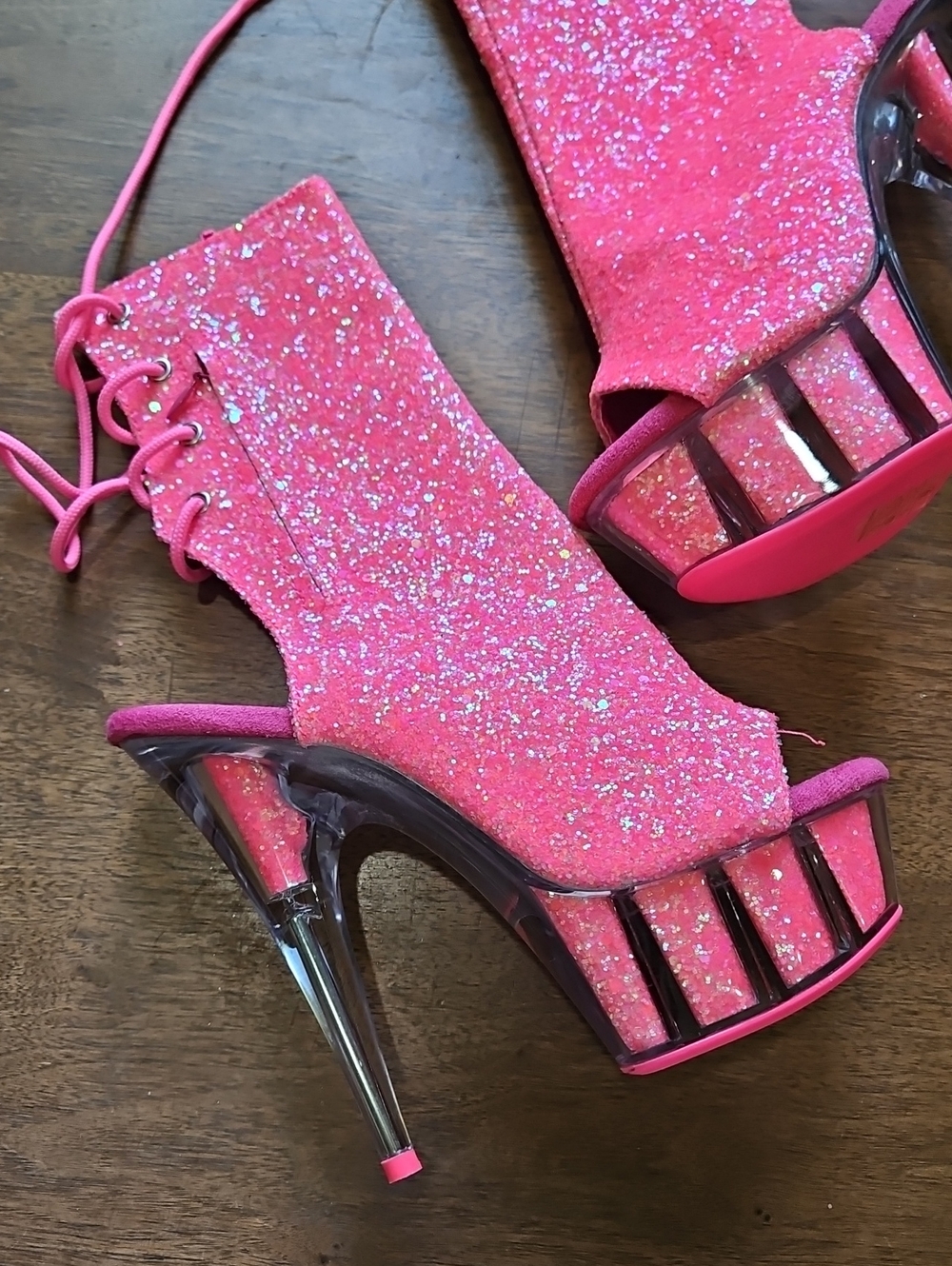 Pleaser Hot Pink Glitter Lace-Up Platform Stiletto Booties - Picture 5 of 14